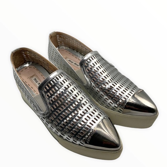 Miu Miu Silver Perforated Leather Metal Cap Toe Platform Sneakers - Picture 3 of 6